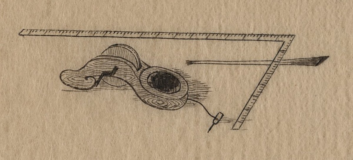 明治11年(1878年)に描かれた曲尺(かねじゃく)、墨壺、墨さし。大工の道具箱には、ずっとこれが入っていた。(米国議会図書館蔵/パブリックドメイン, via Wikimedia Commons)