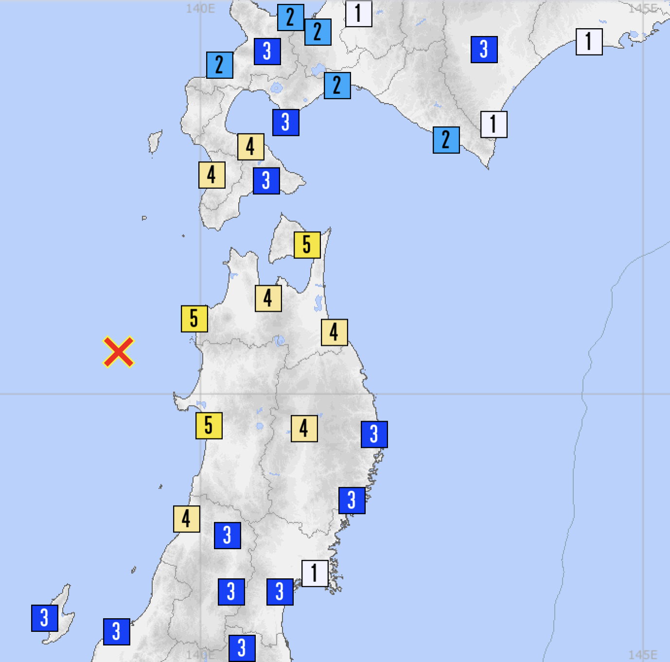 日本海中部地震の震度分布図（気象庁）