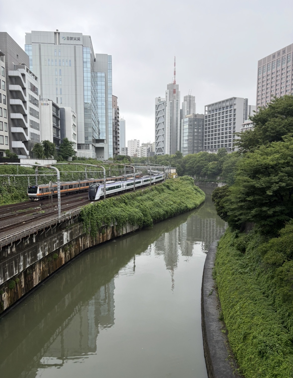 オレンジの中央線と特急が並走する御茶ノ水の谷。背景には高層ビル群と東京タワーがかすむ。